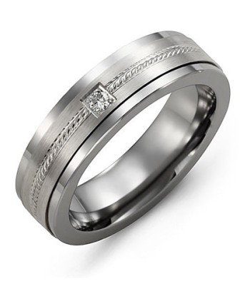 7mm Tungsten & White Gold Wedding Band w/ Diamonds Fin de série